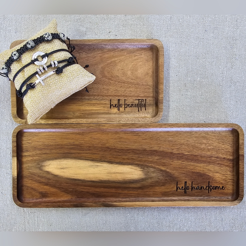 Men Women's Hello Beautiful/Handsome Engraved Acacia Trinket Tray Bundle